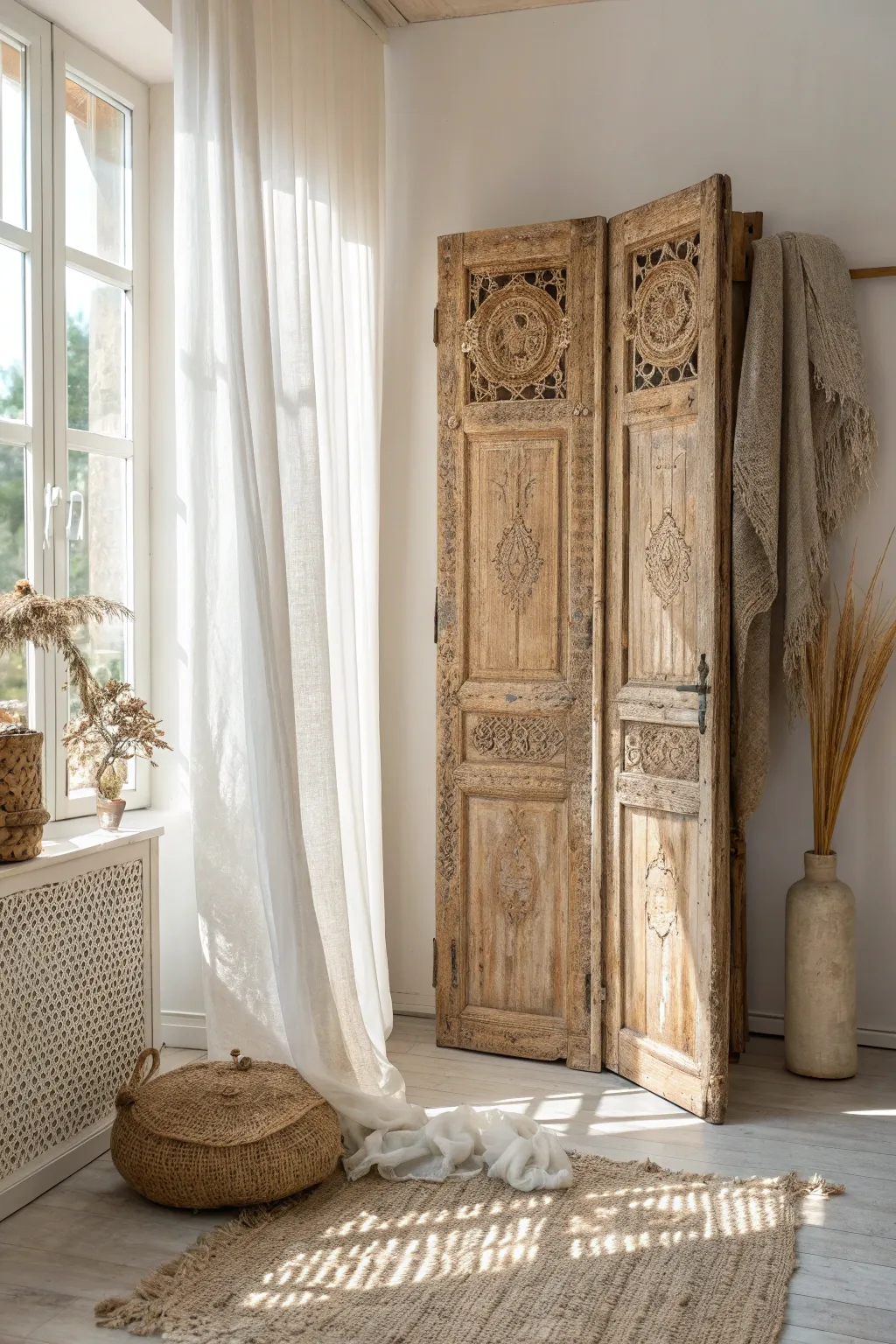 Transform your space with the timeless charm of a rustic door divider, blending minimalist elegance and bohemian warmth.