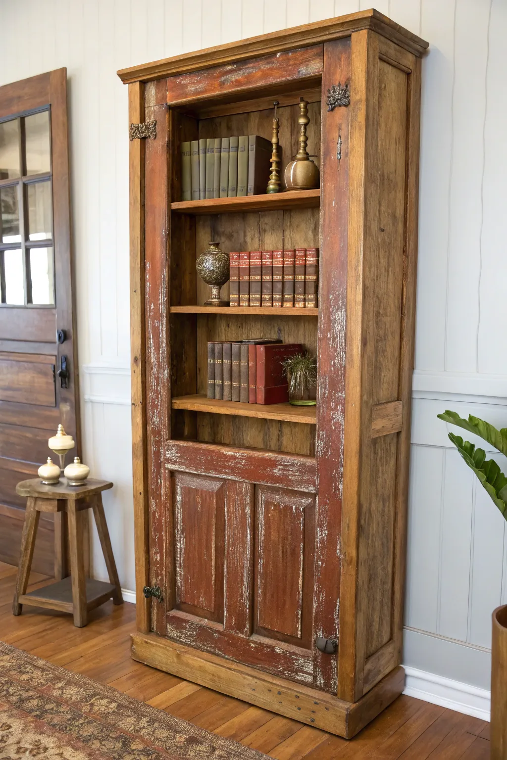 Transform history into your personal library with this vintage door bookshelf.