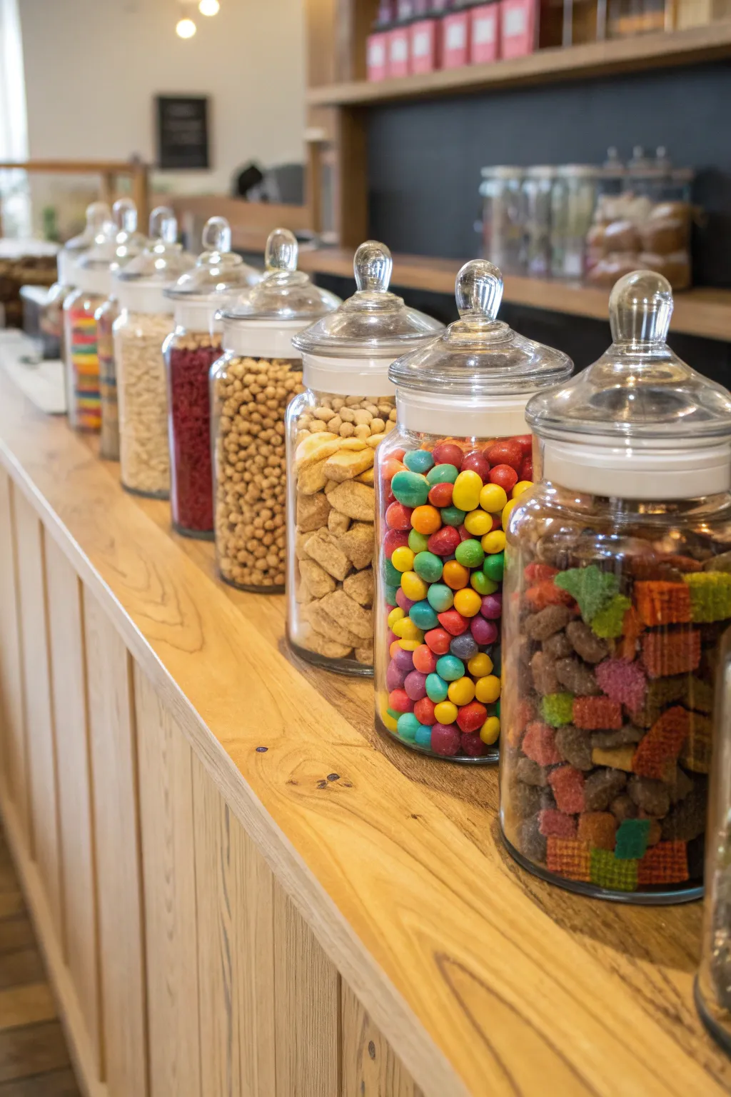 Glass jars filled with colorful candies and dry goods.