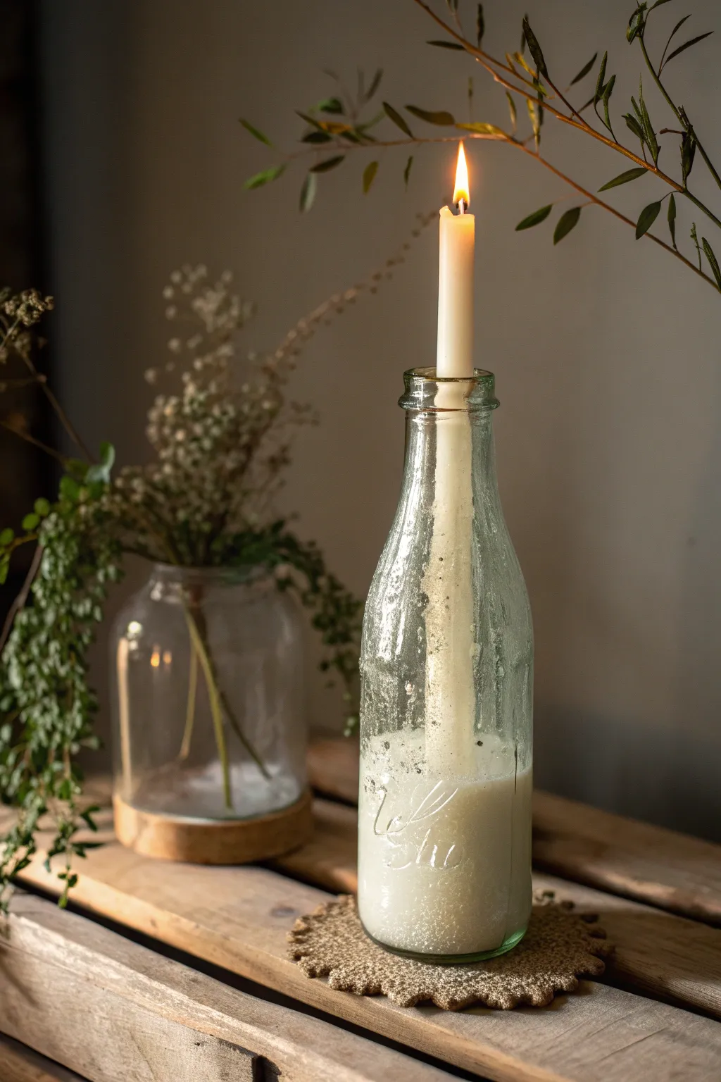 Transform your space with rustic elegance: an old glass milk bottle candle holder.