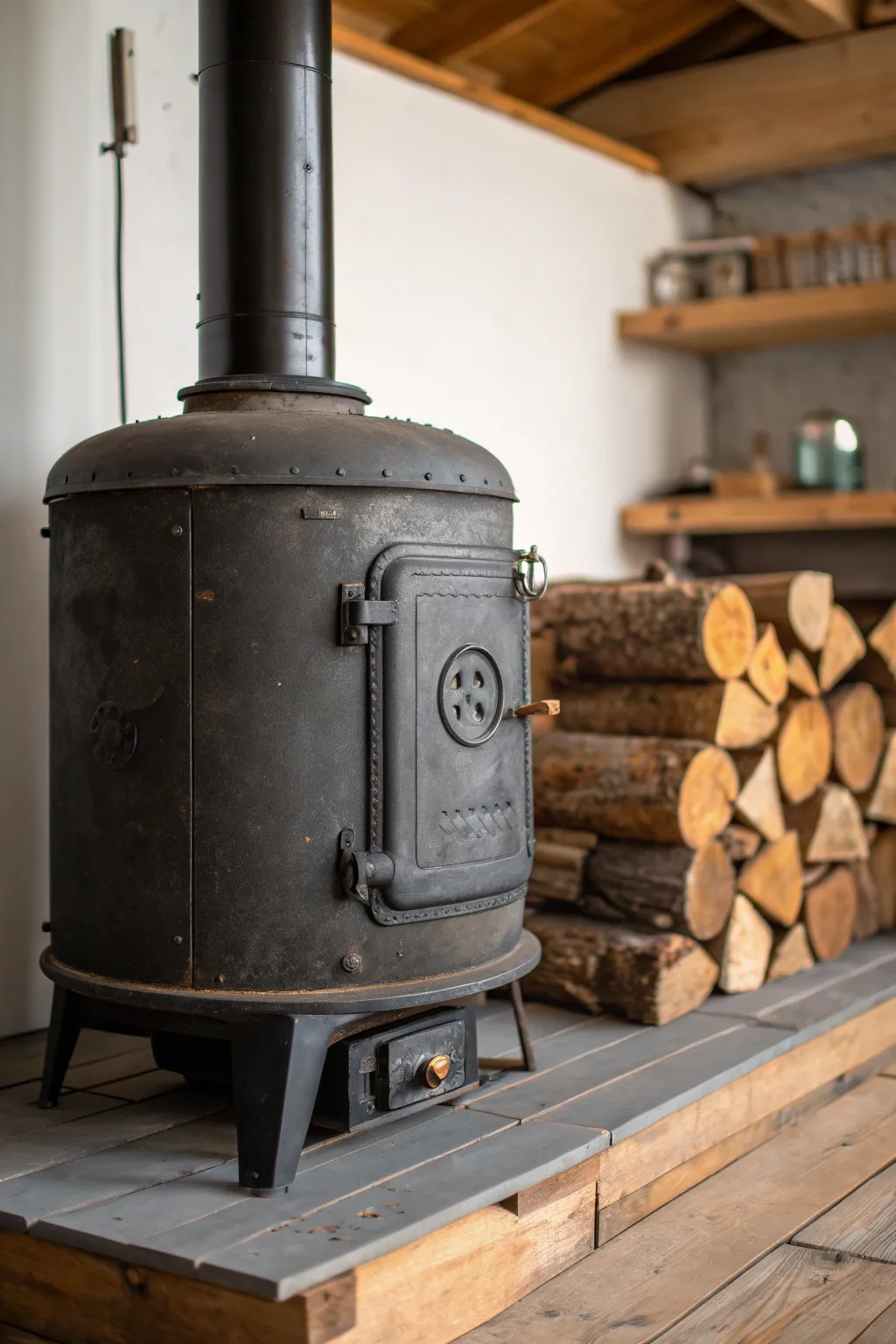 Transform your space with rustic charm: A handcrafted wood-burning stove made from an old pressure tank.