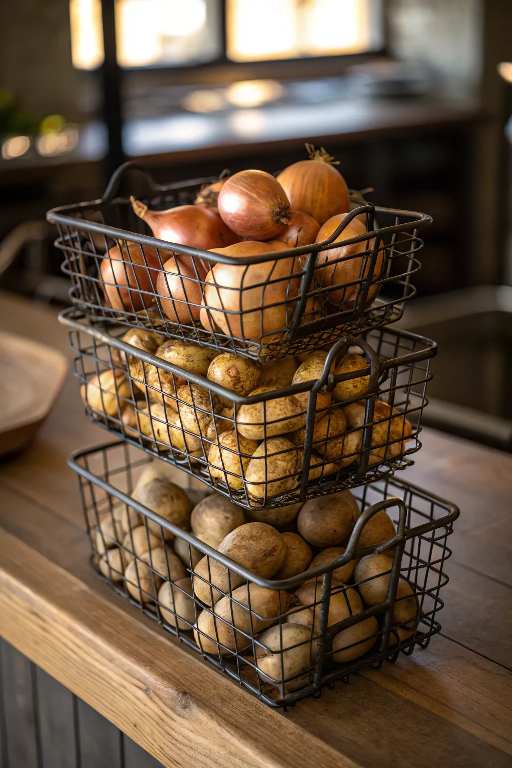 Elevate your kitchen storage with chic and functional wire baskets. Perfect for keeping your veggies fresh and stylishly organized.