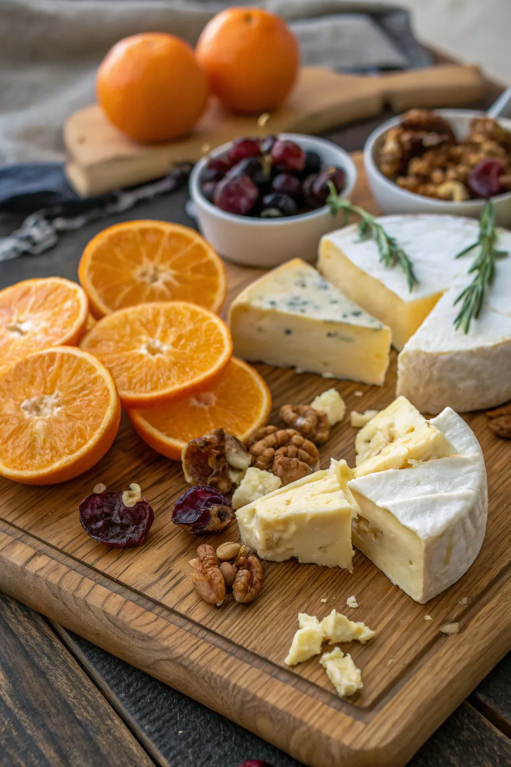 Cheddar and brie paired with citrus fruits create a delightful harmony.