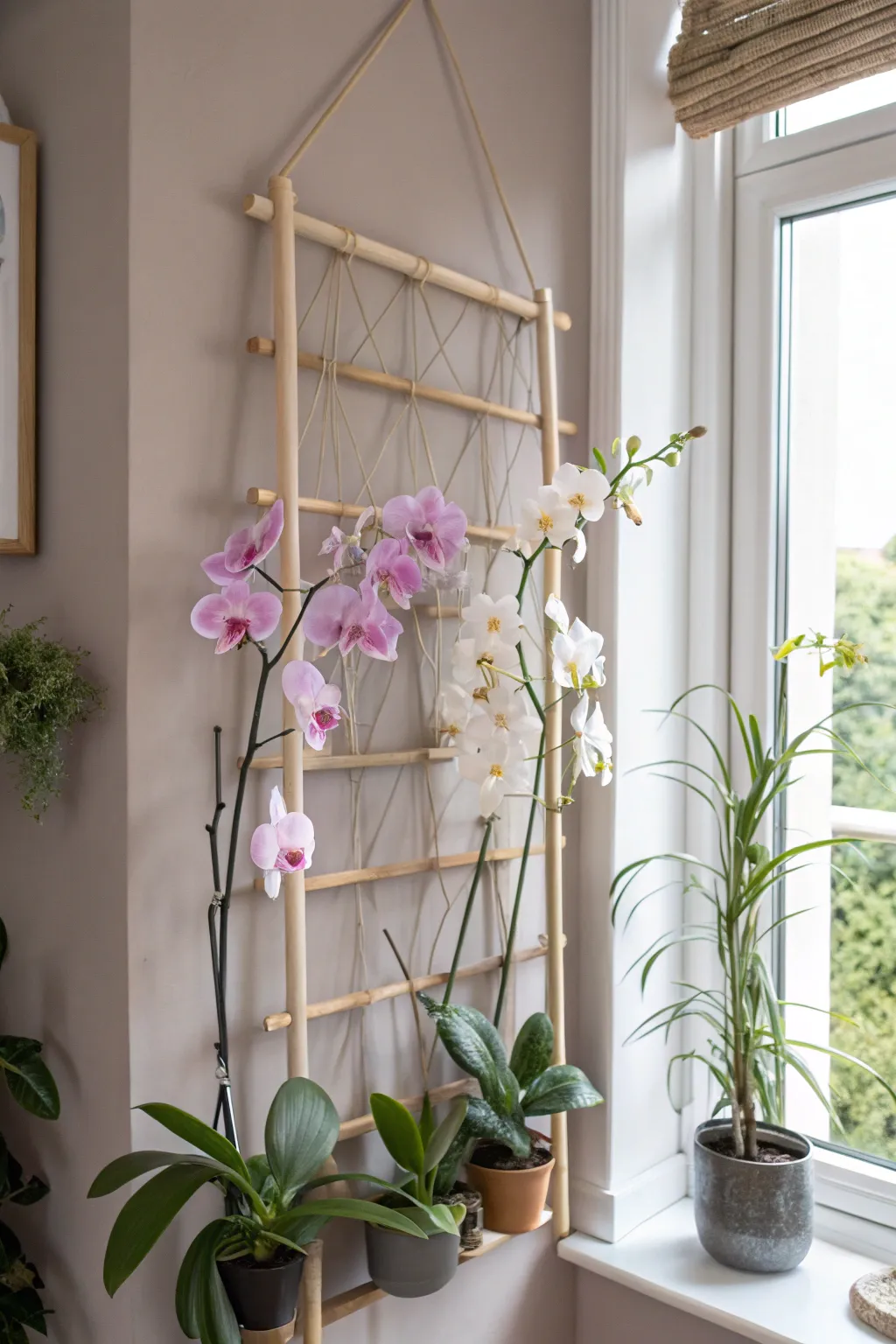 Transform your space with a chic hanging wall trellis, where simplicity meets natural elegance.