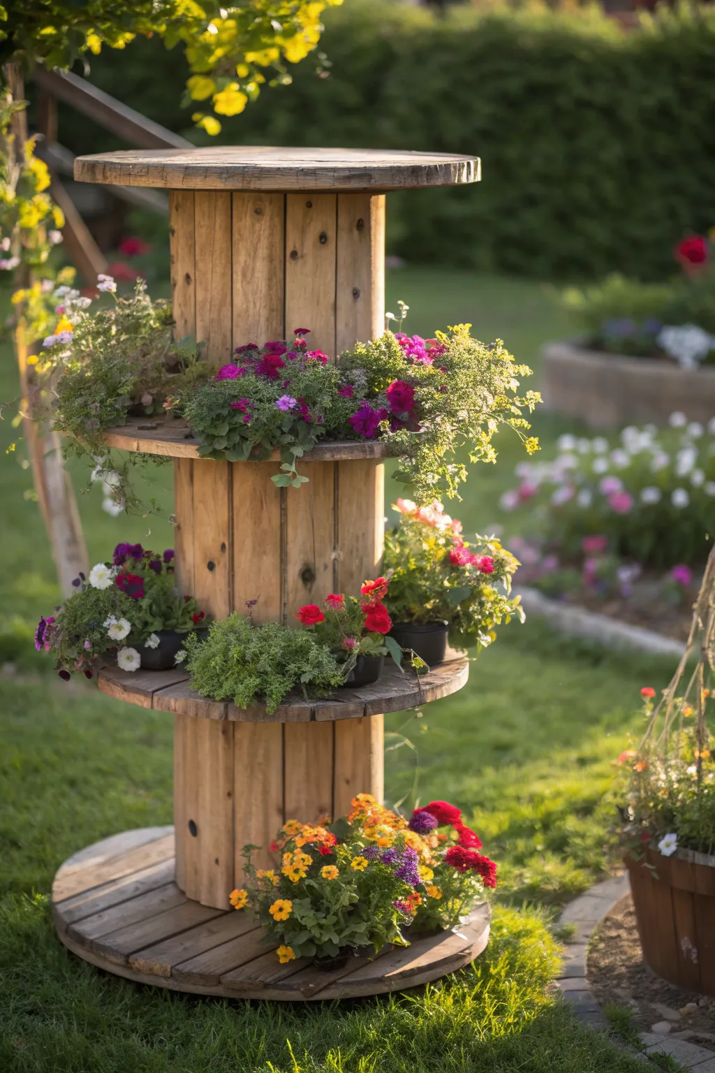 Transform your garden with this stunning cable spool planter, perfect for showcasing cascading blooms.