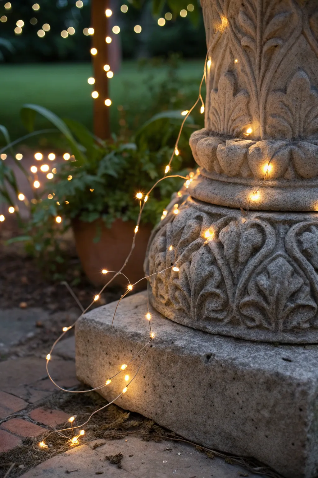 Illuminate your garden with the enchanting glow of fairy lights anchored by a beautifully crafted cement base. Perfect for adding a touch of magic to your outdoor space.