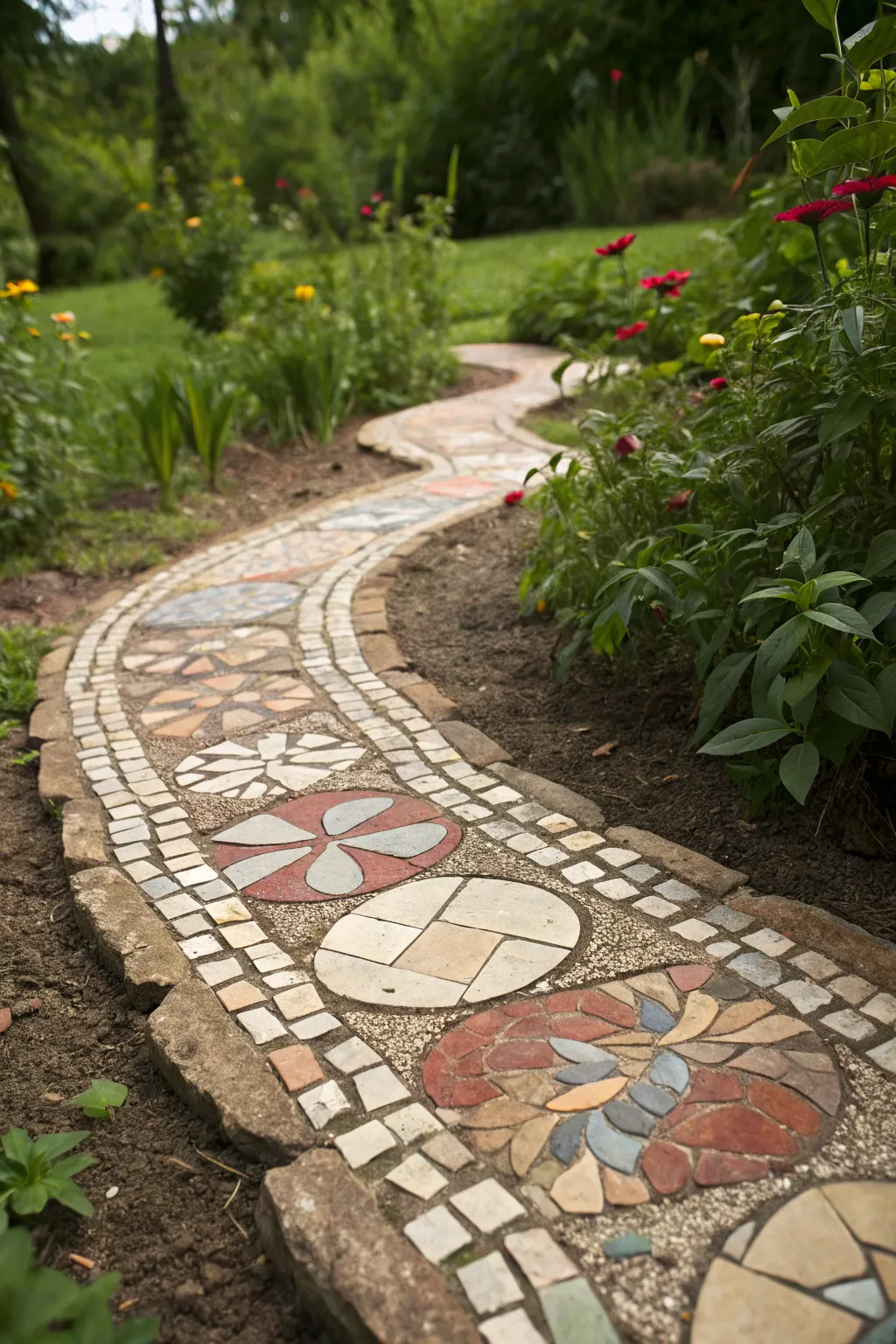 Embark on a journey through your garden with a handcrafted mosaic path of leftover tiles.
