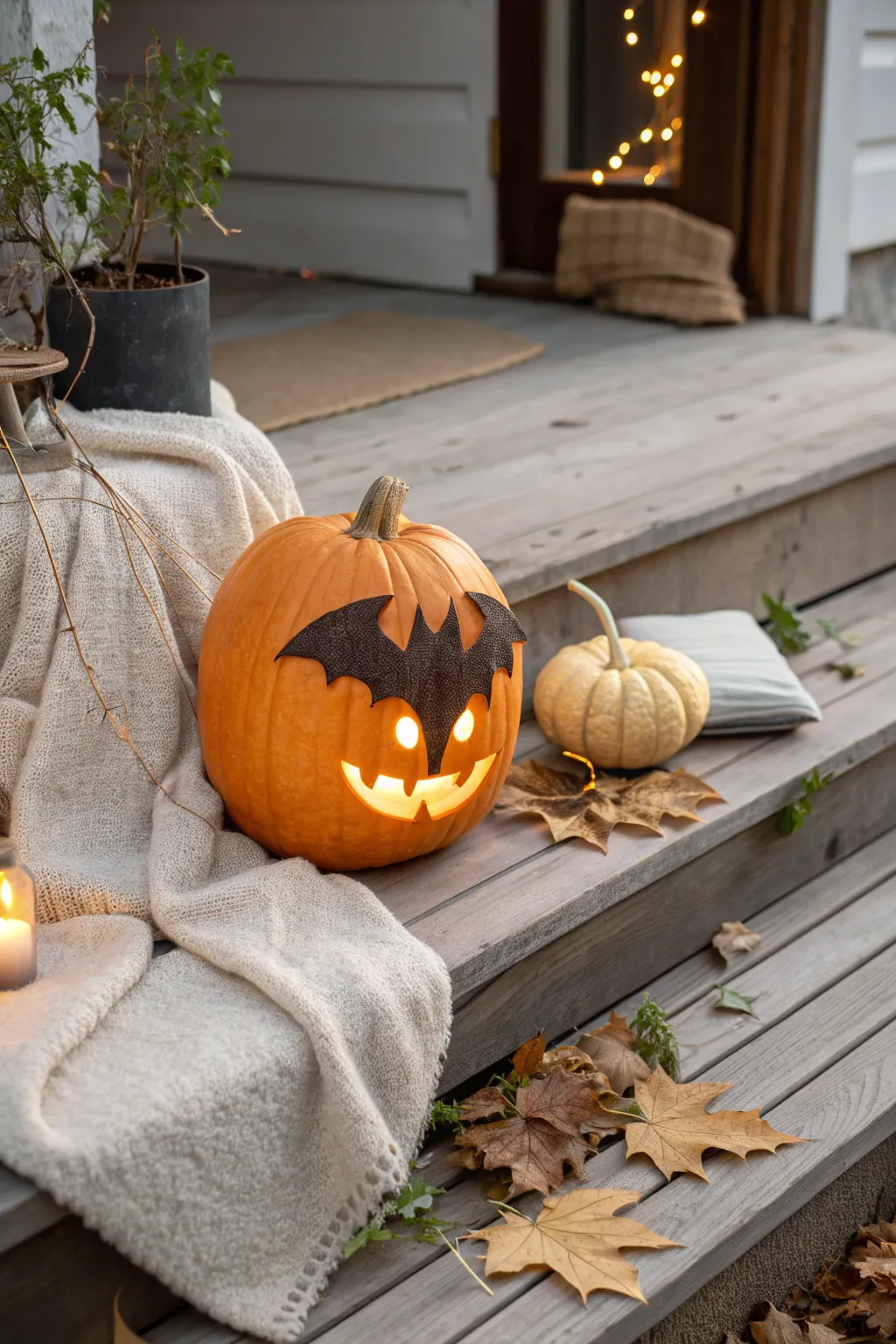Illuminate your porch with whimsical charm: a carved pumpkin bat colony that welcomes the night with a smile.