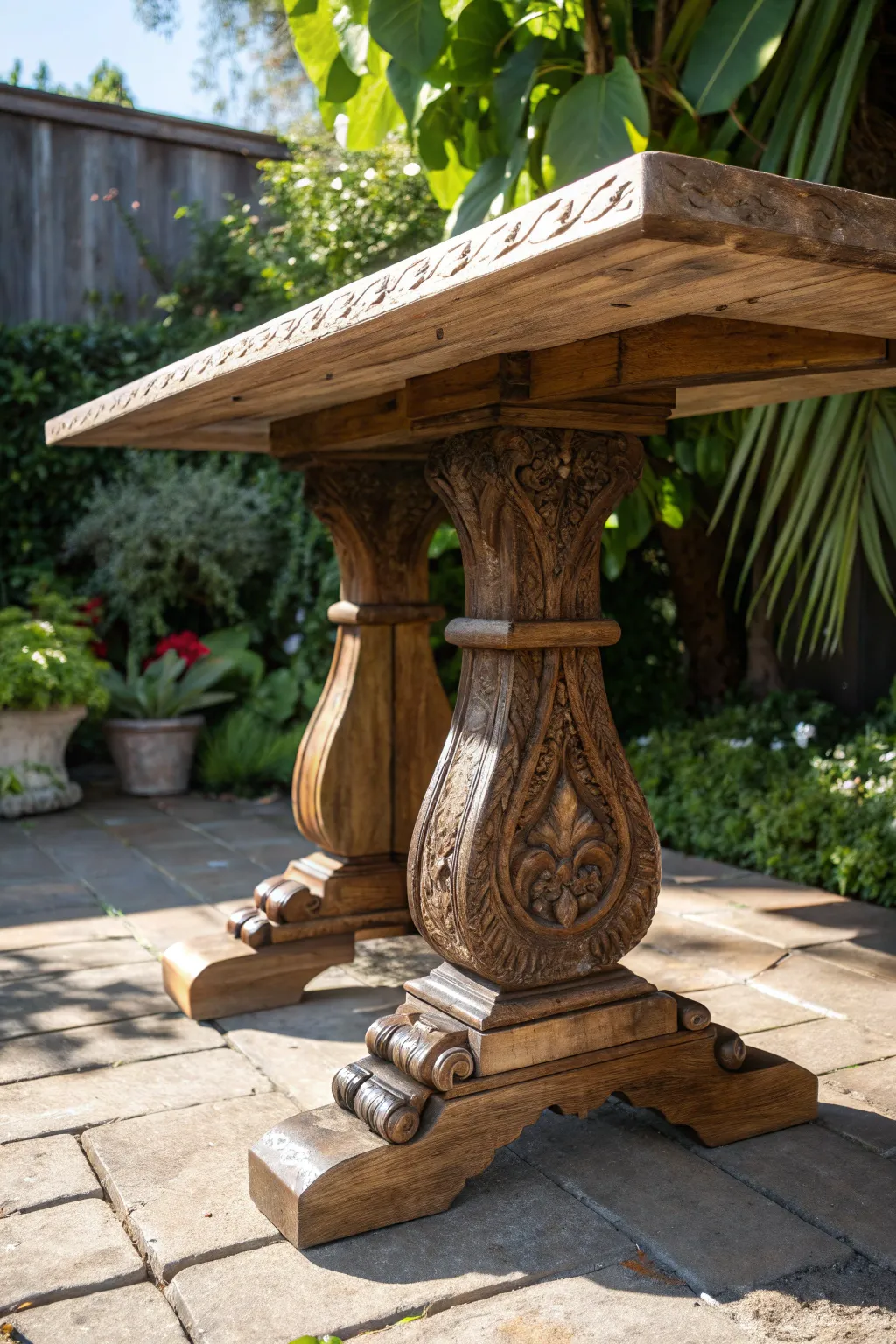 Embrace the warmth of nature with a rustic wooden table base that seamlessly integrates with your outdoor oasis.
