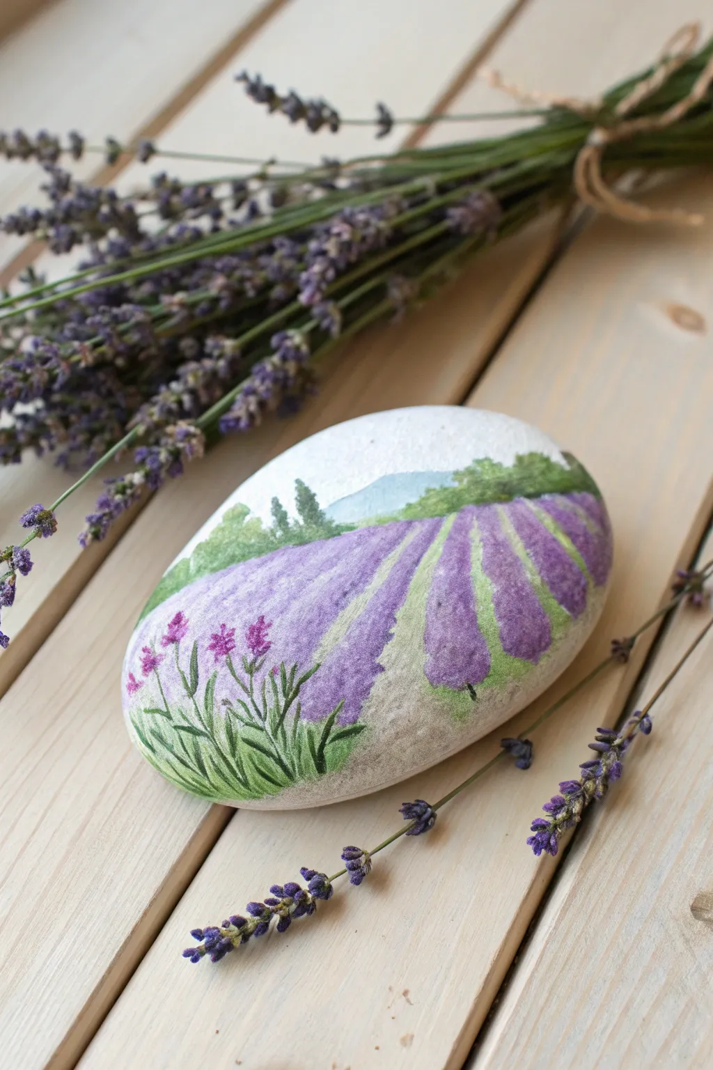 Bring a piece of Provence home with this charming lavender field rock art.