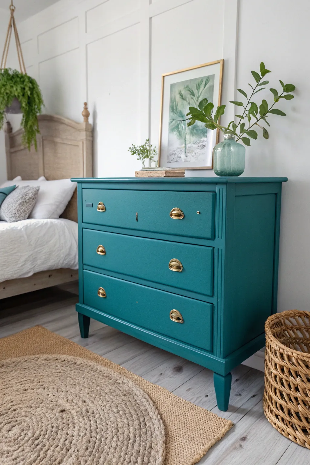Breathe new life into your space with a bold teal transformation. #PaintedFurniture #ScandiBoho