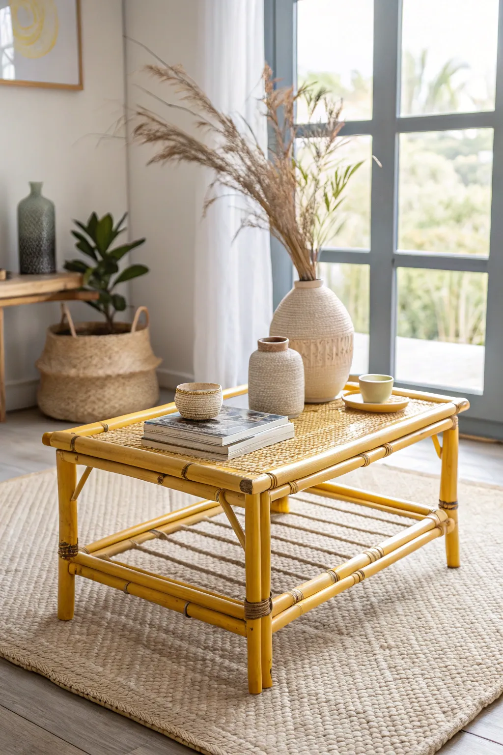 Brighten up your space with a sunny yellow bamboo coffee table, a perfect blend of minimalism and boho charm.