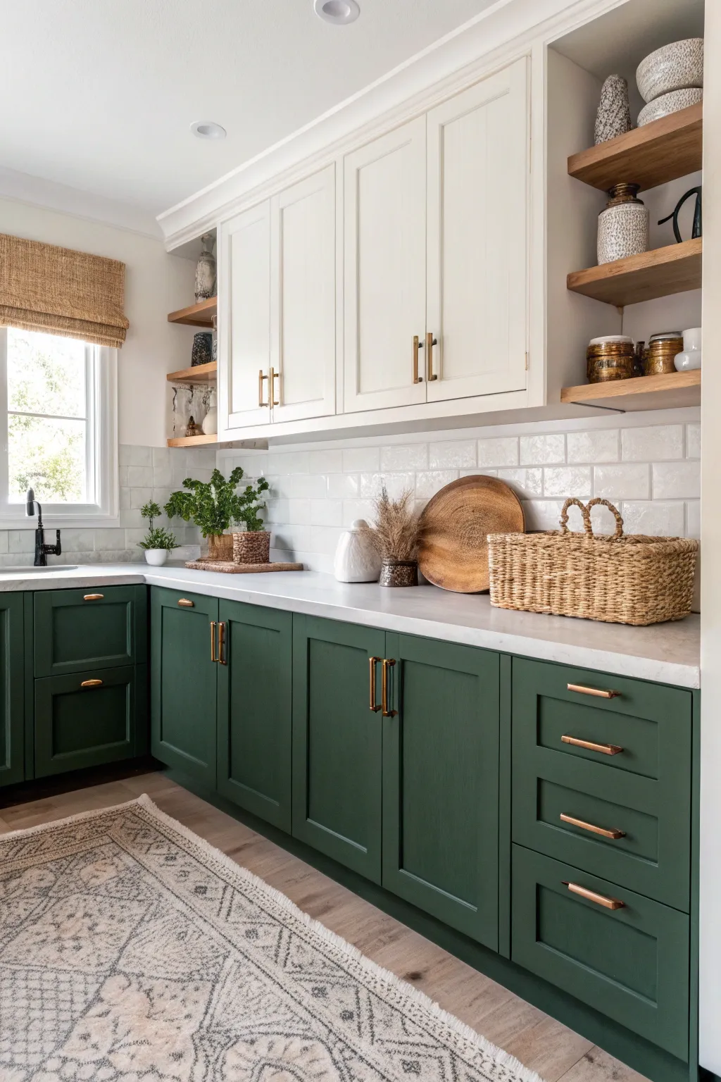 Transform your kitchen with two-tone magic: a perfect blend of dark green and soft cream for a chic, boho-inspired look.