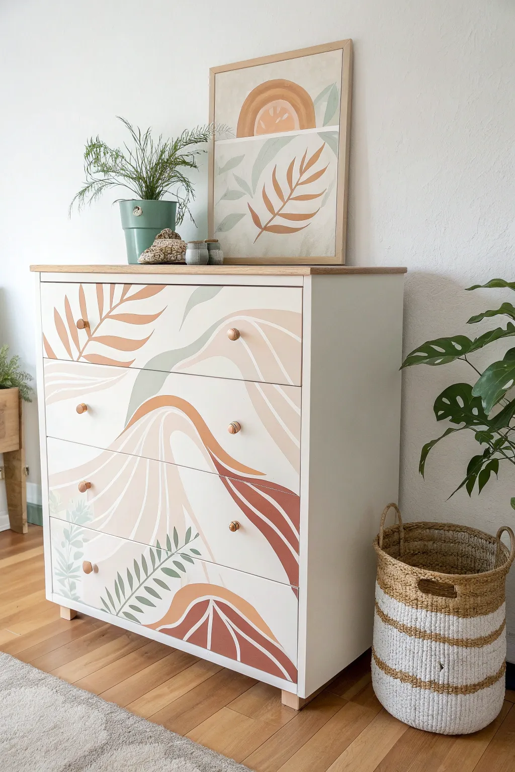 Elevate your space with a mural-inspired dresser that blends art and functionality. #ScandinavianStyle #BohoChic