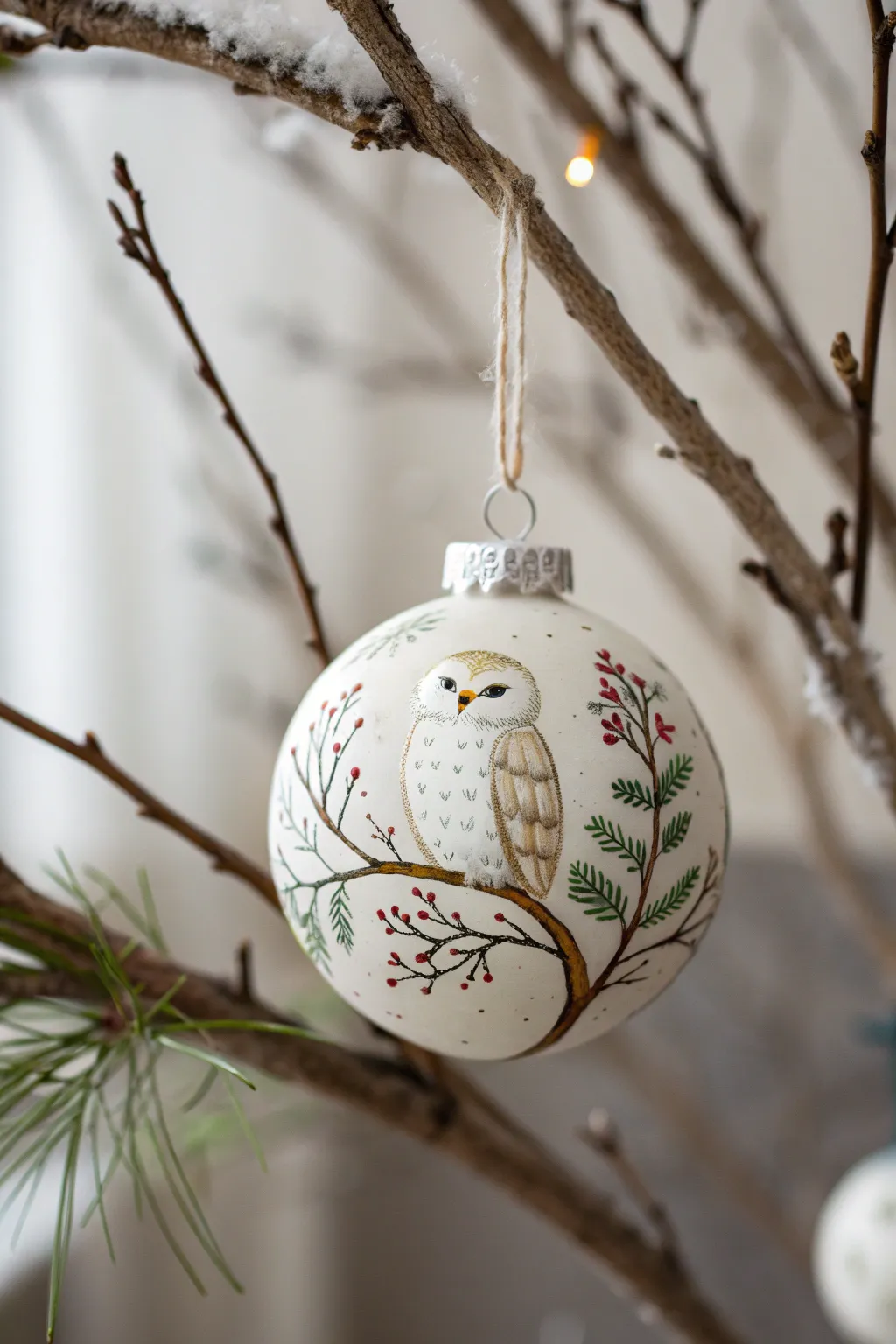 Embrace the charm of nature with hand-painted snowy owls on your Christmas tree.