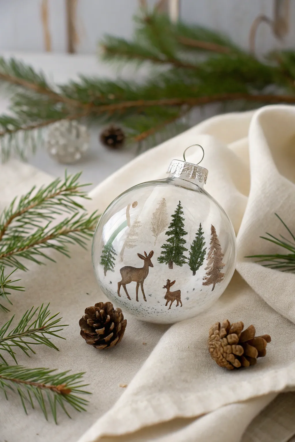 Embrace nature's elegance with this hand-painted forest scene ornament, where simplicity meets winter magic.