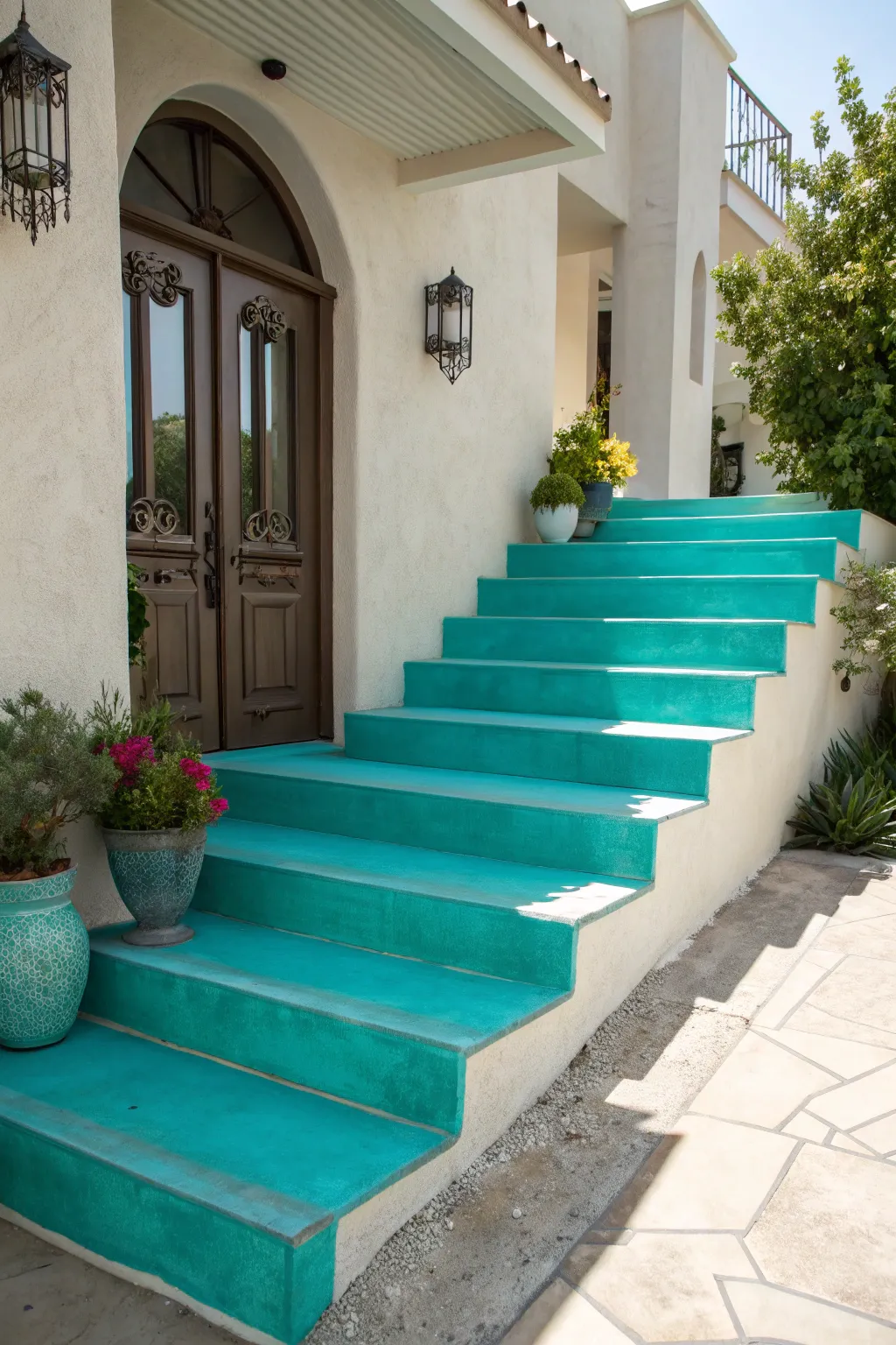 Transform your entrance with bold turquoise steps that command attention and showcase craftsmanship.