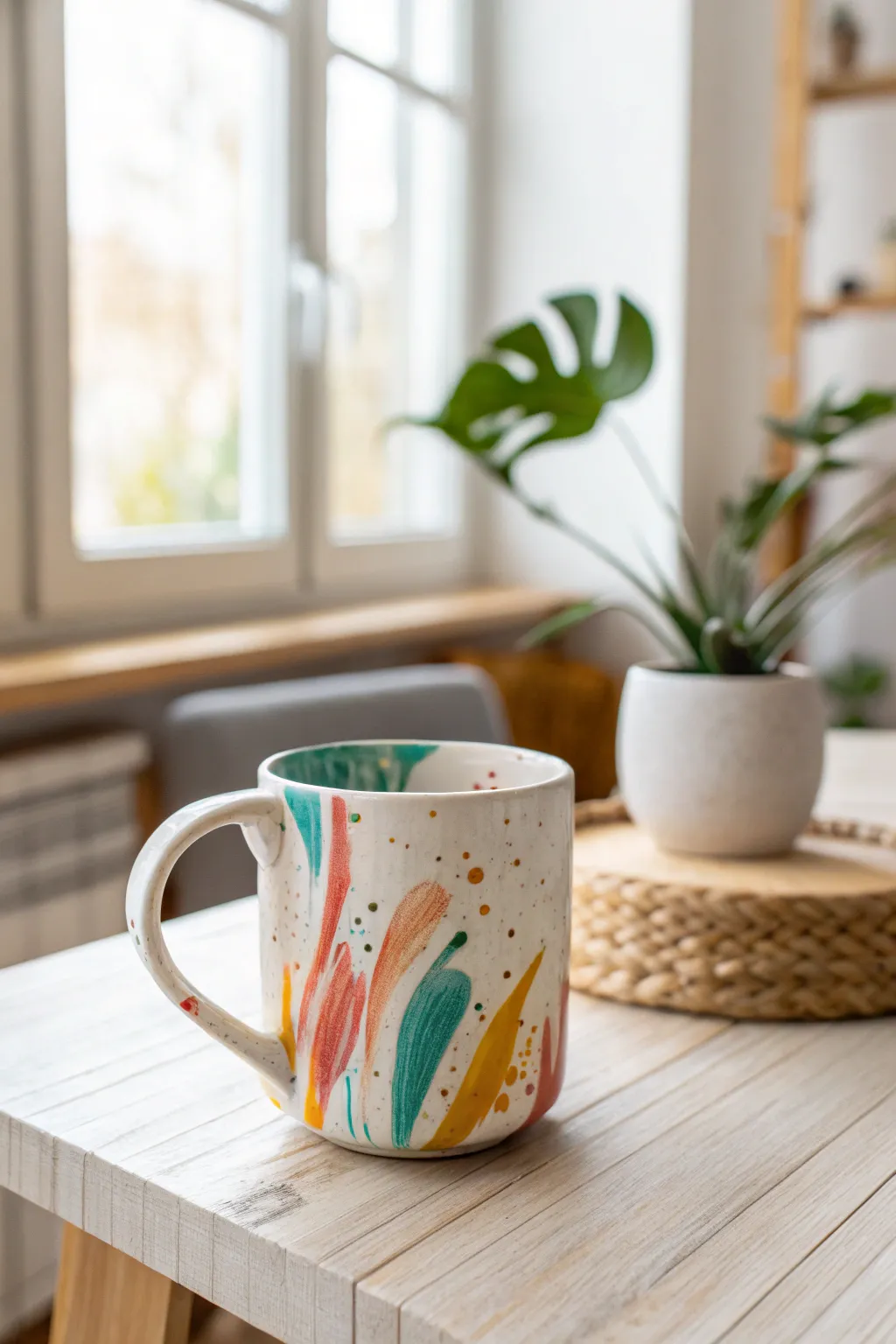 Unleash your creativity with vibrant abstract art on a minimalist mug.