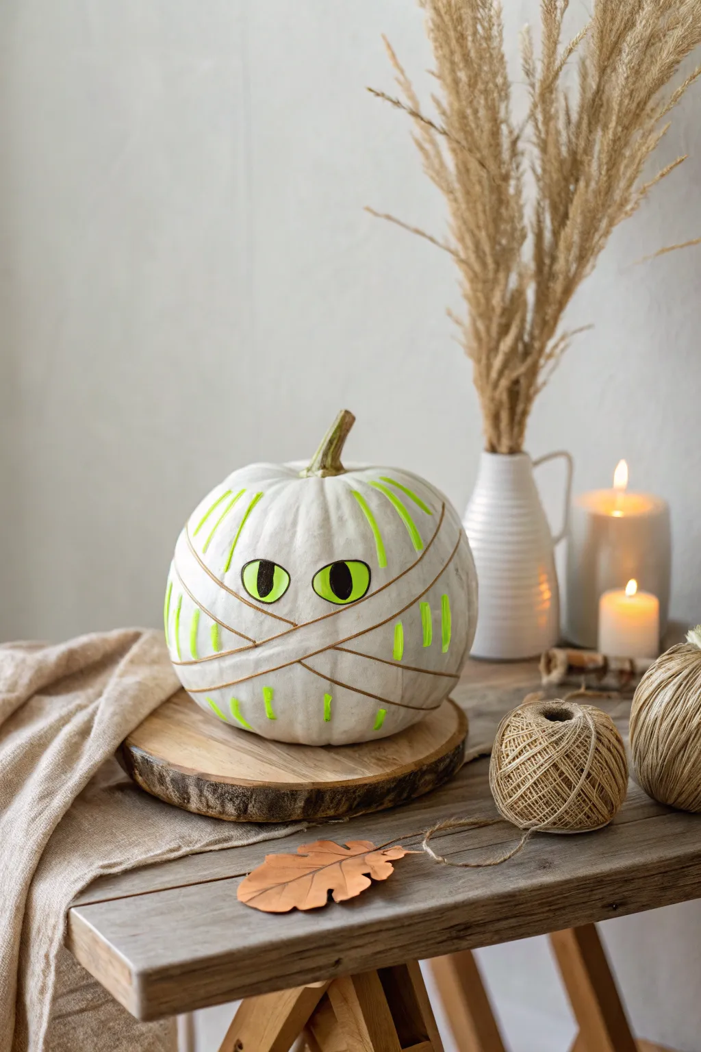 Illuminate your Halloween with a glow-in-the-dark mummy pumpkin—spooky yet stylishly minimalist!