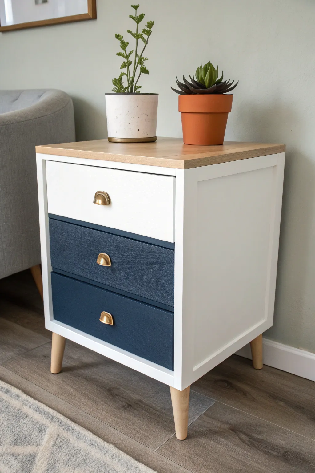 Elevate your bedroom with a two-tone nightstand for a touch of modern elegance.