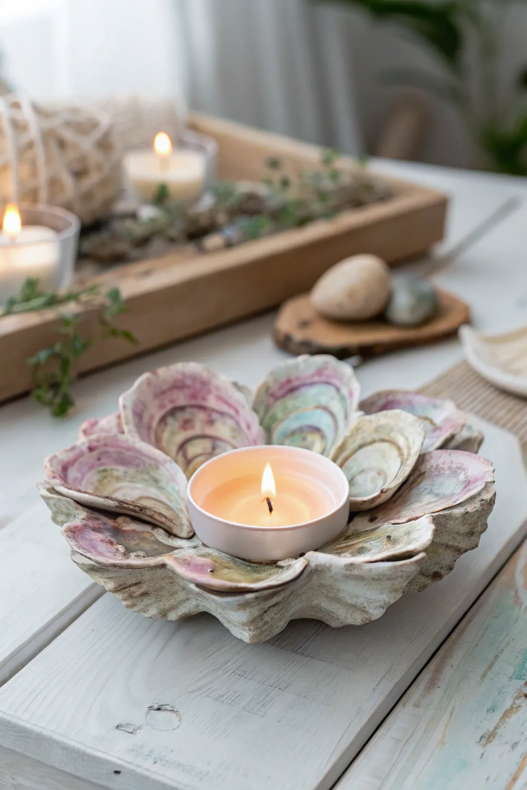Illuminate your space with coastal charm: Discover the elegance of painted oyster shell candle holders.