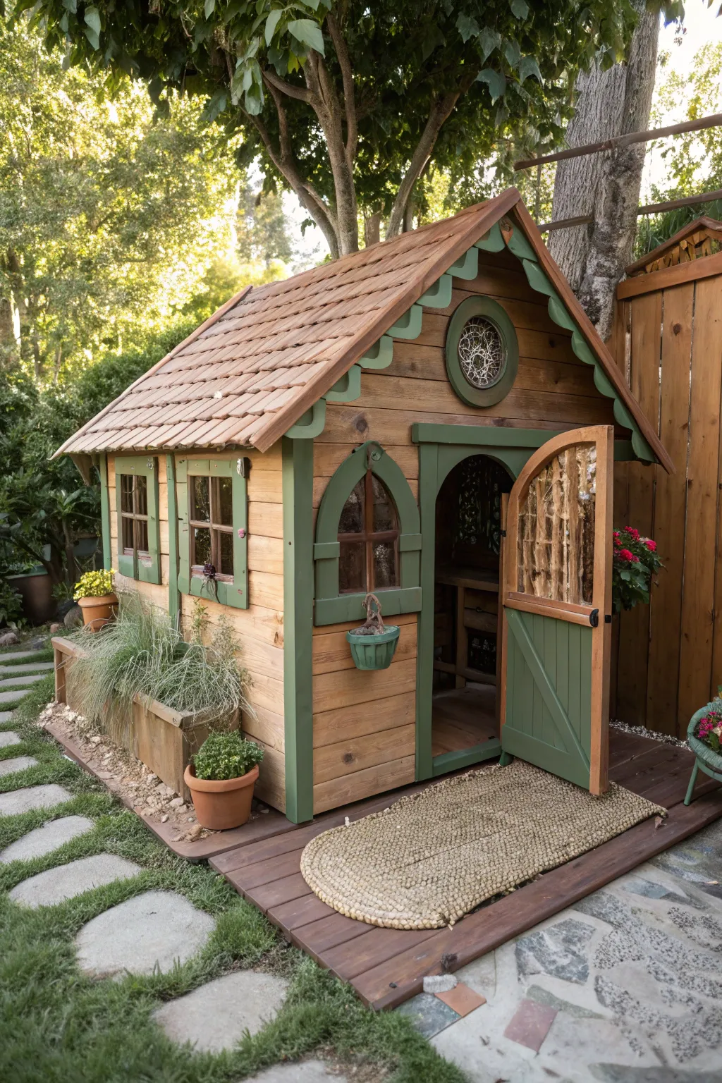 Transform your backyard into a cozy rustic retreat with this charming, earth-toned playhouse.