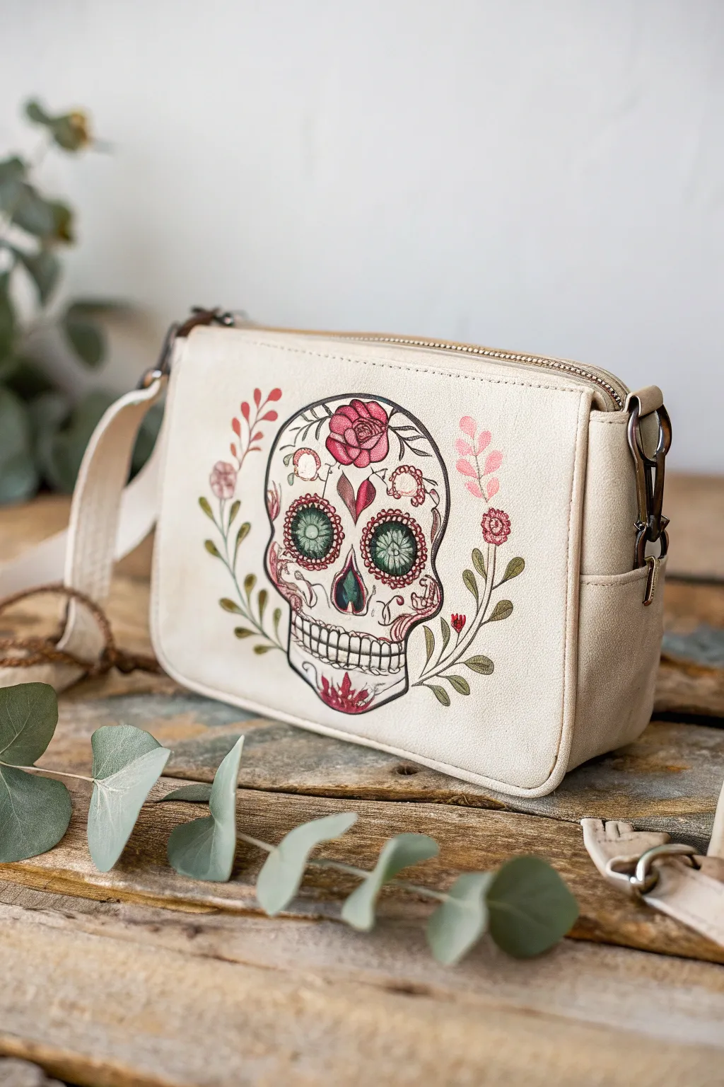 Embrace festive artistry with a Dia de los Muertos inspired painted purse—a perfect blend of bold design and minimalist elegance.