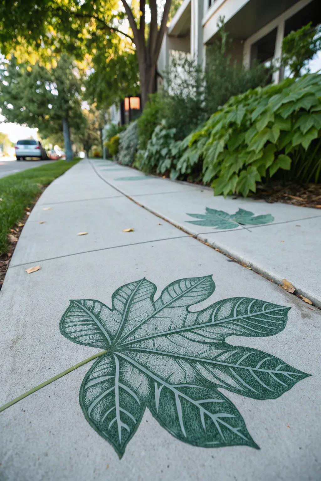 Step into nature with elegant leaf prints on your sidewalk.