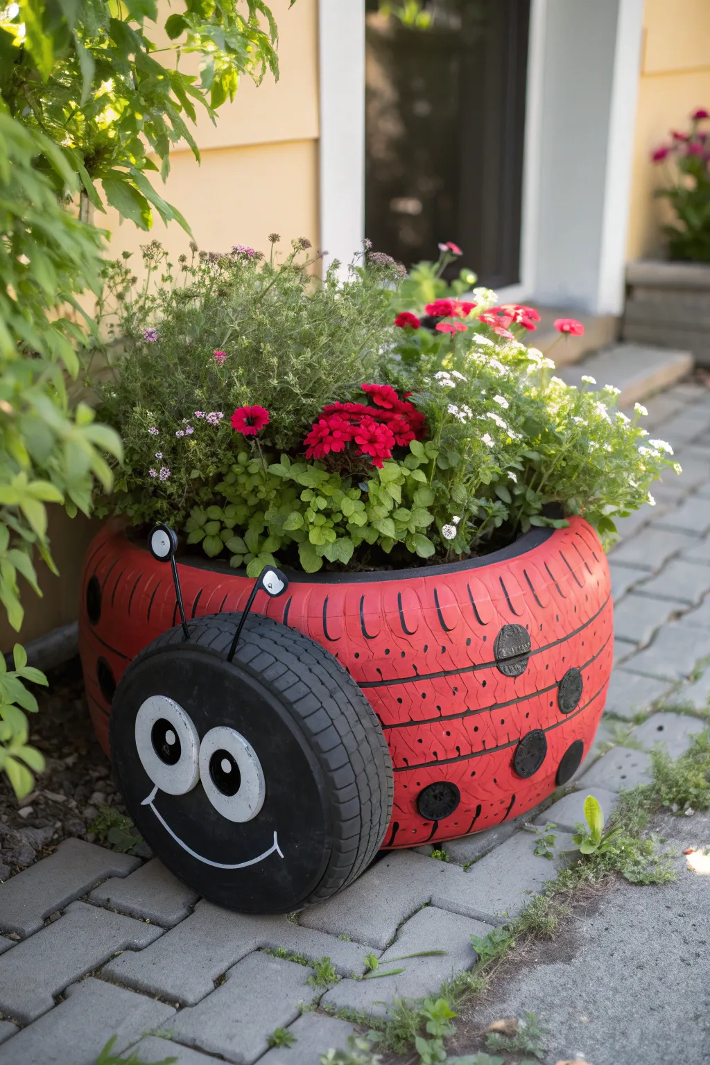 Add a playful touch to your garden with this adorable ladybug tire planter!