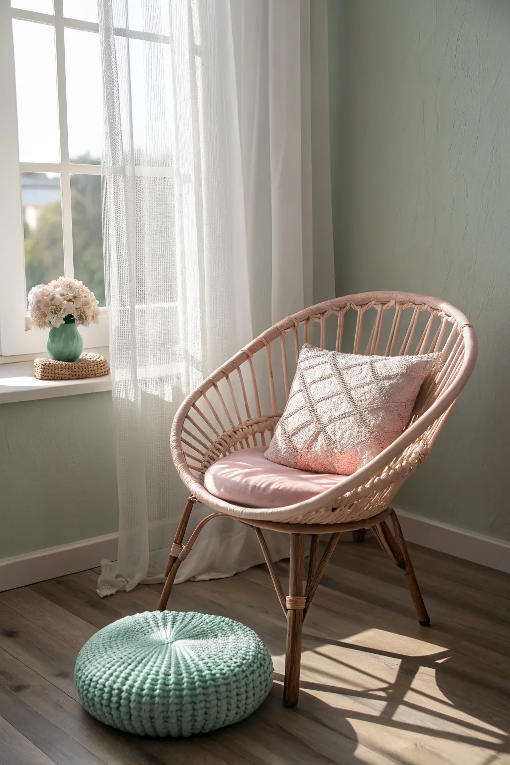 Embrace serenity with pastel-painted wicker—perfect for your cozy corner.