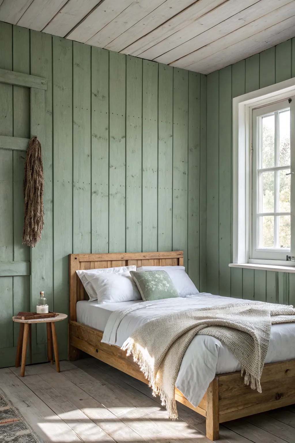 Transform your bedroom into a cozy retreat with the calming elegance of sage green painted wood walls.