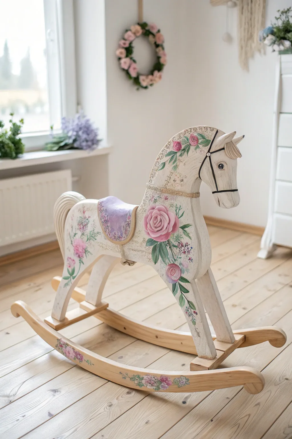 Embrace the beauty of simplicity with a floral-painted rocking horse, perfect for adding a touch of enchantment to any space.