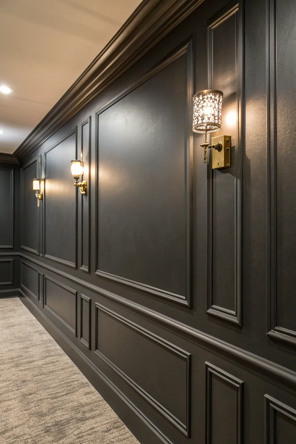 Embrace the allure of moody charcoal for a basement transformation that's both sleek and inviting.
