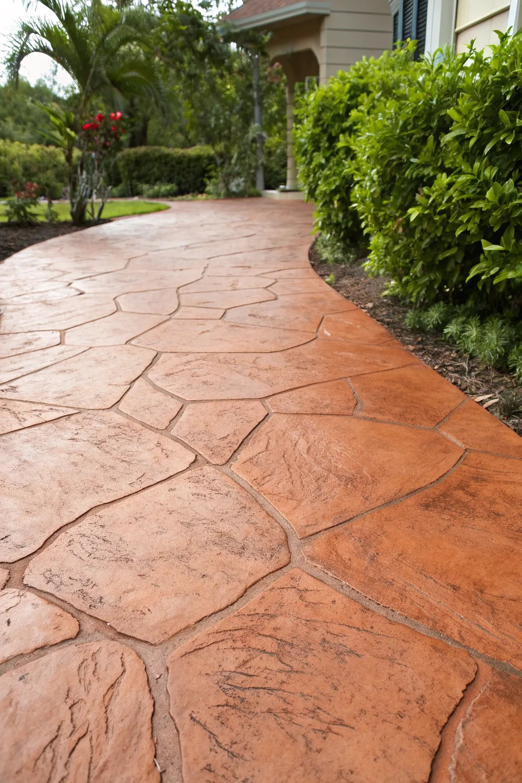 Embrace the rustic allure with a terracotta-painted driveway that seamlessly blends with nature.