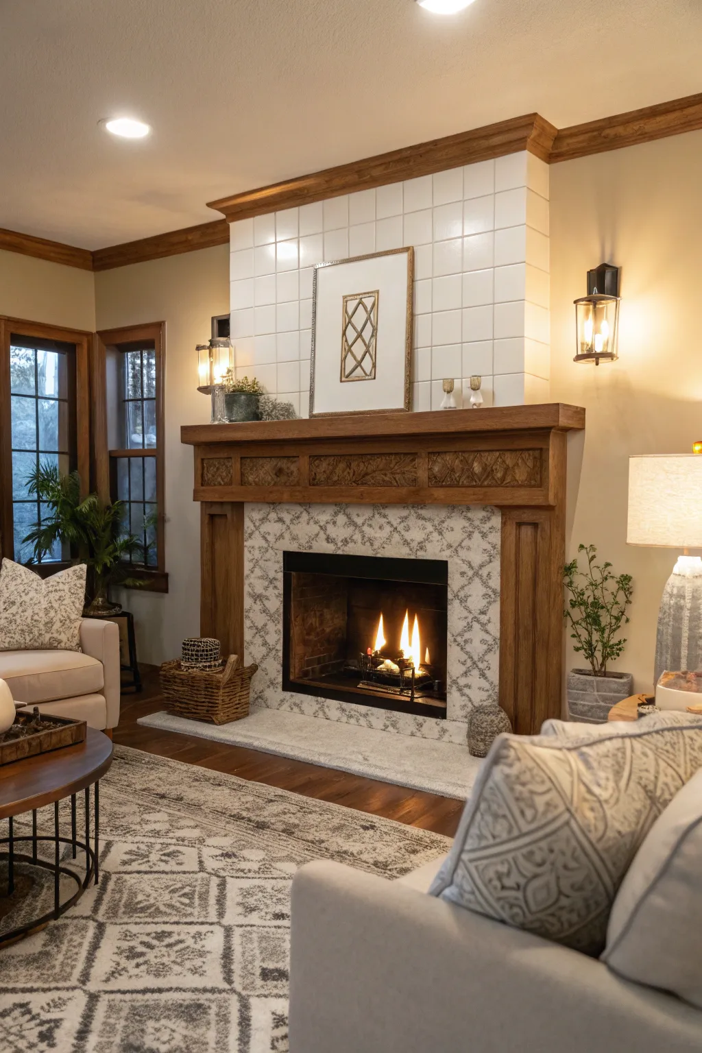 Achieve a serene and elegant look with white-painted fireplace tiles.