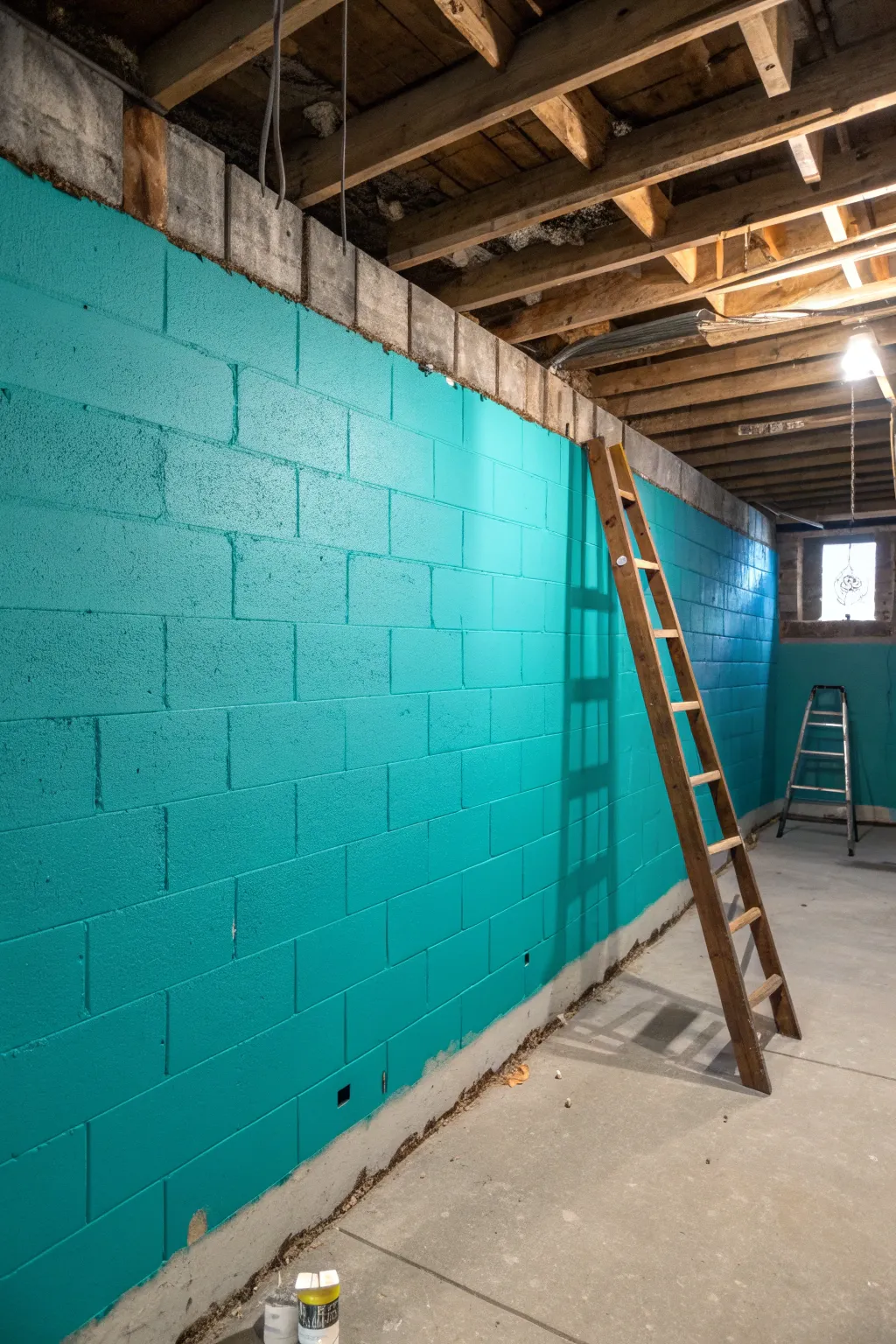 Transform your basement with a bold stroke of teal, bringing life and warmth to unfinished spaces.