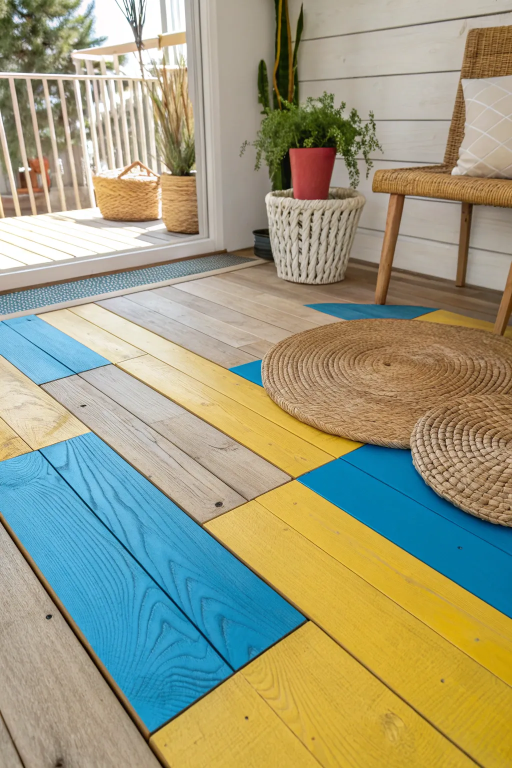 Add a splash of vibrancy with bold color blocks on your wooden floors, merging Scandinavian minimalism with a touch of Boho charm.