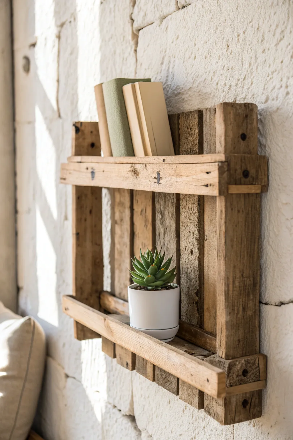 Elevate your space with the natural charm of rustic pallet shelves, perfect for a touch of minimalist boho elegance.