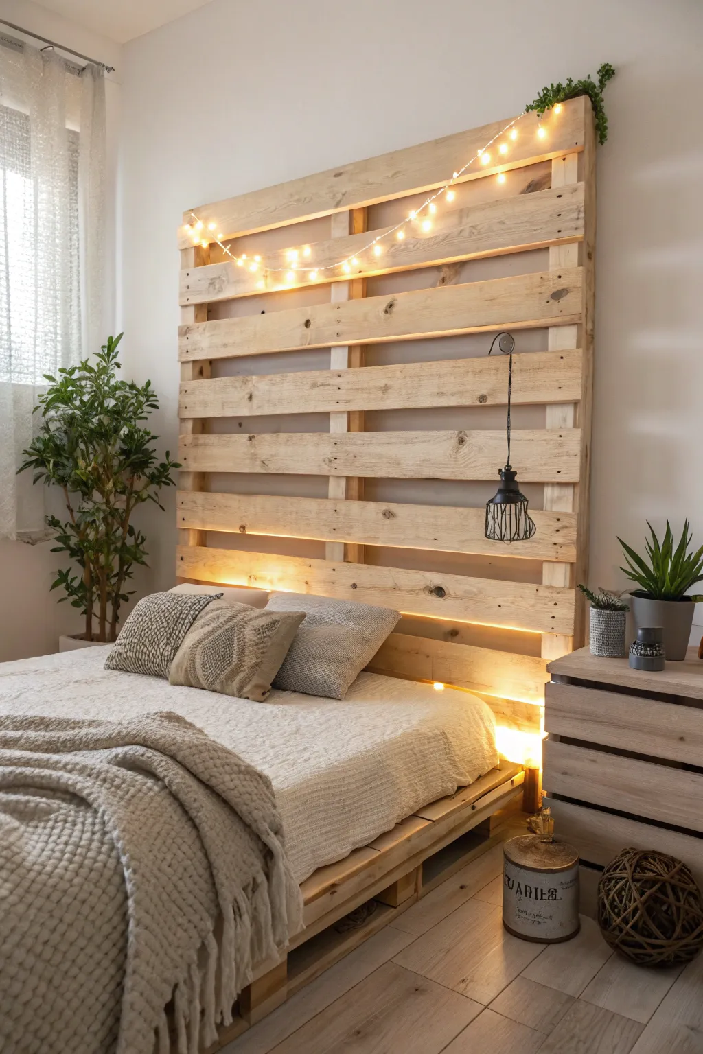 Illuminate your space with the warm glow of a Scandinavian-inspired pallet headboard adorned with LED lights for a touch of boho charm.