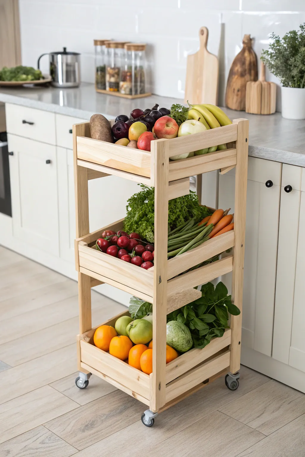 Effortlessly organize your kitchen with a chic movable pallet rack—where Scandinavian simplicity meets Boho flair!