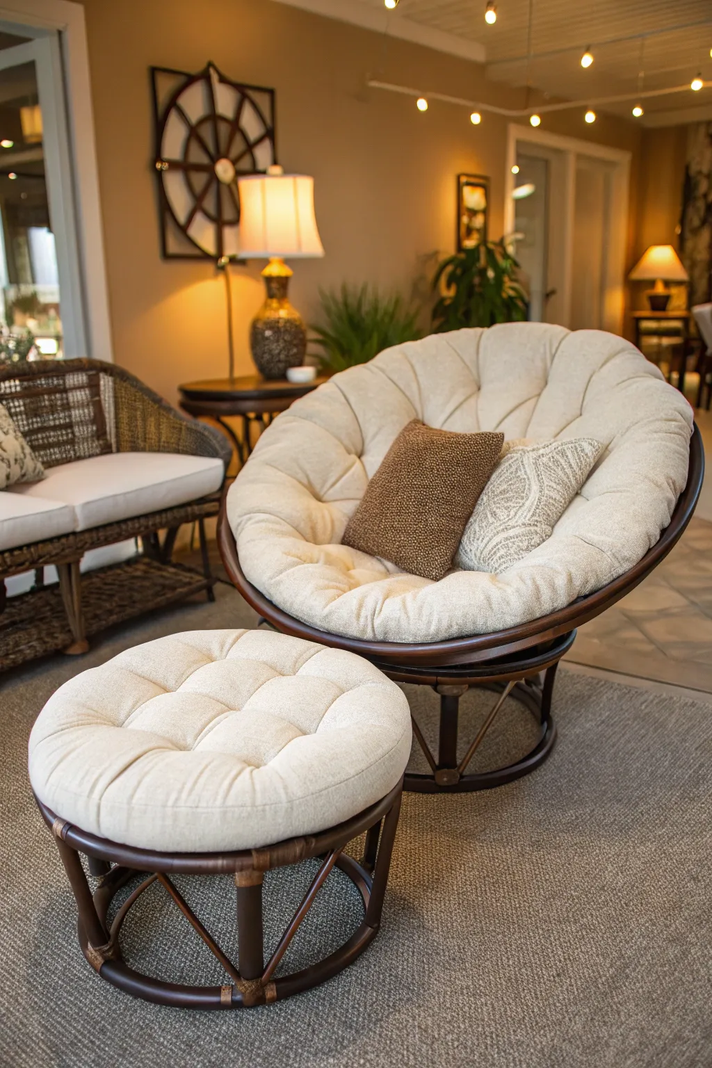 Papasan chair and ottoman duo for ultimate relaxation.