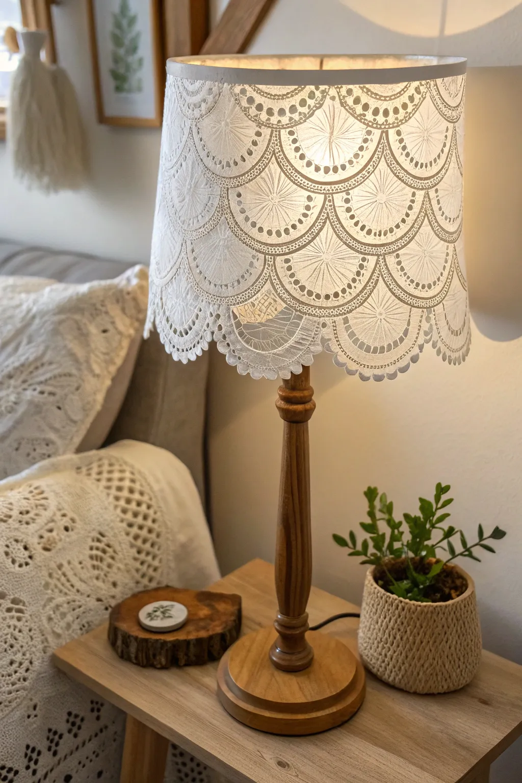 Illuminate your space with a touch of charm: transform a simple lampshade into a stunning focal point with delicate doilies.