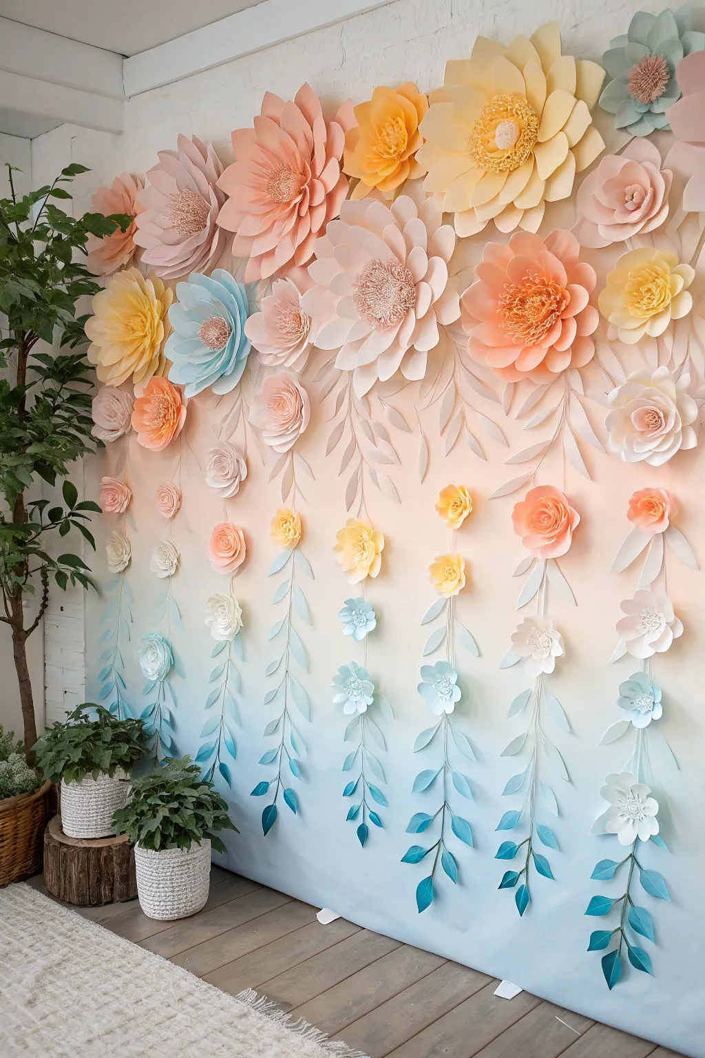 Transform your space with a stunning gradient paper flower backdrop for an unforgettable party ambiance.