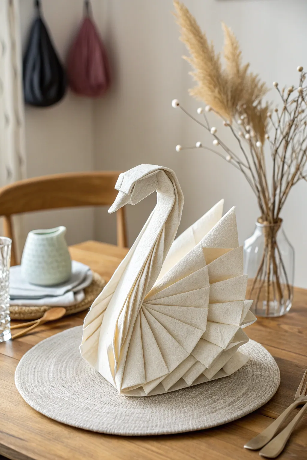 Elevate your table setting with the timeless elegance of a swan-folded napkin.