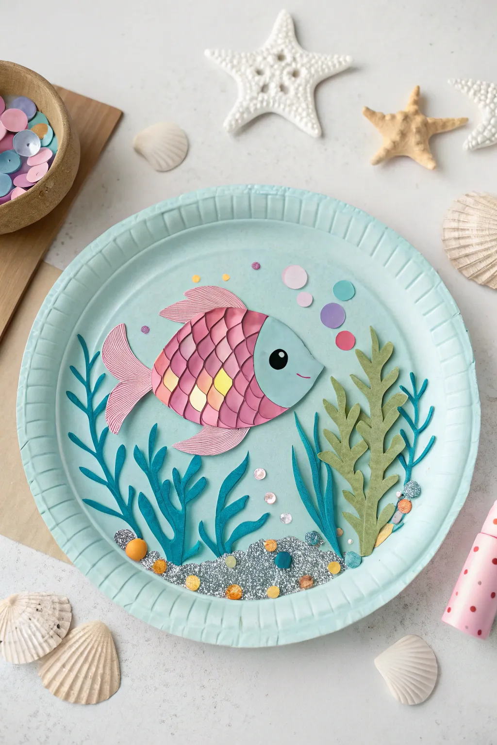 Dive into creativity with this charming paper plate underwater scene, where simplicity meets artistic flair.