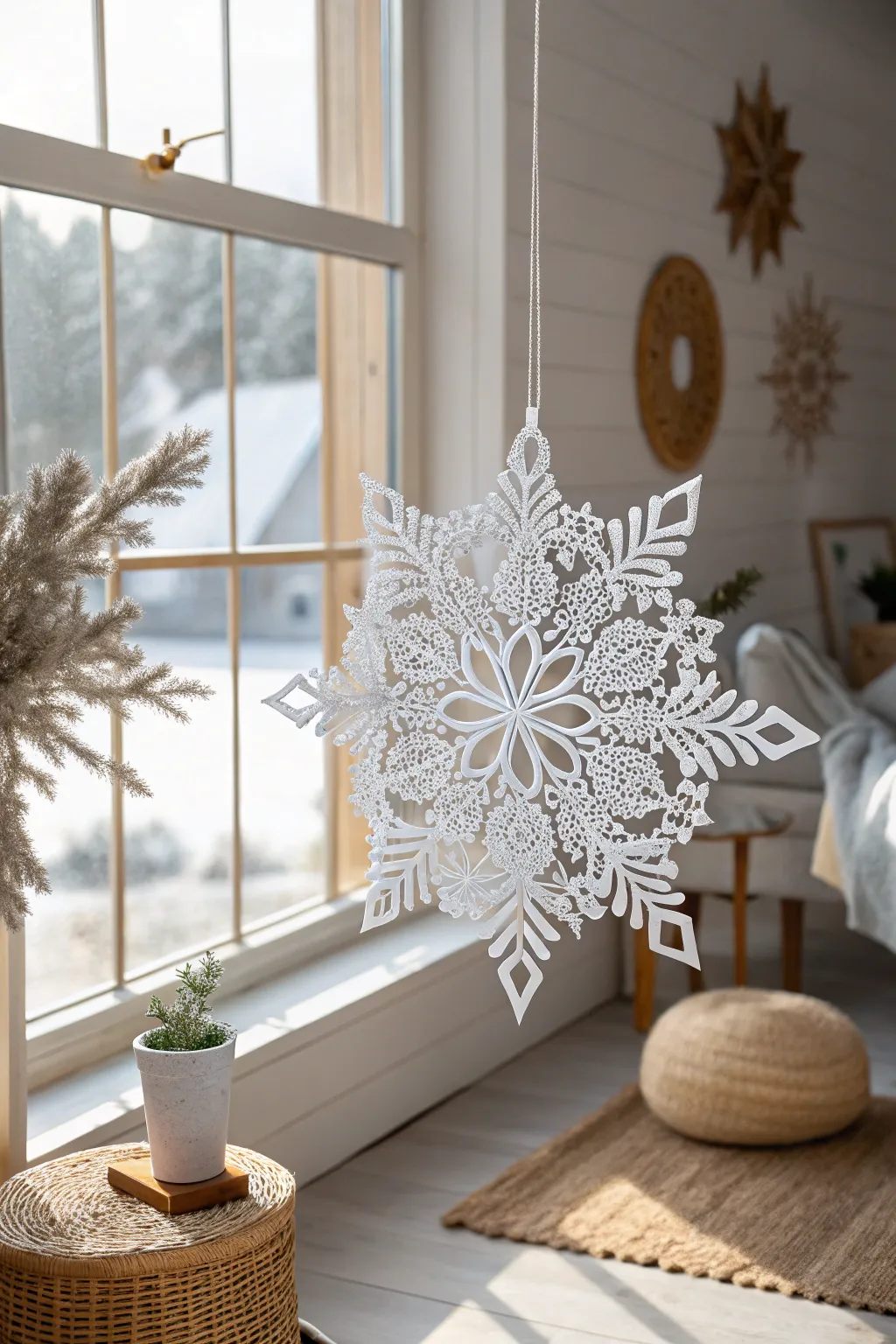 Craftsmanship meets elegance: A stunning lace snowflake design that adds a touch of winter magic to any minimalist space.