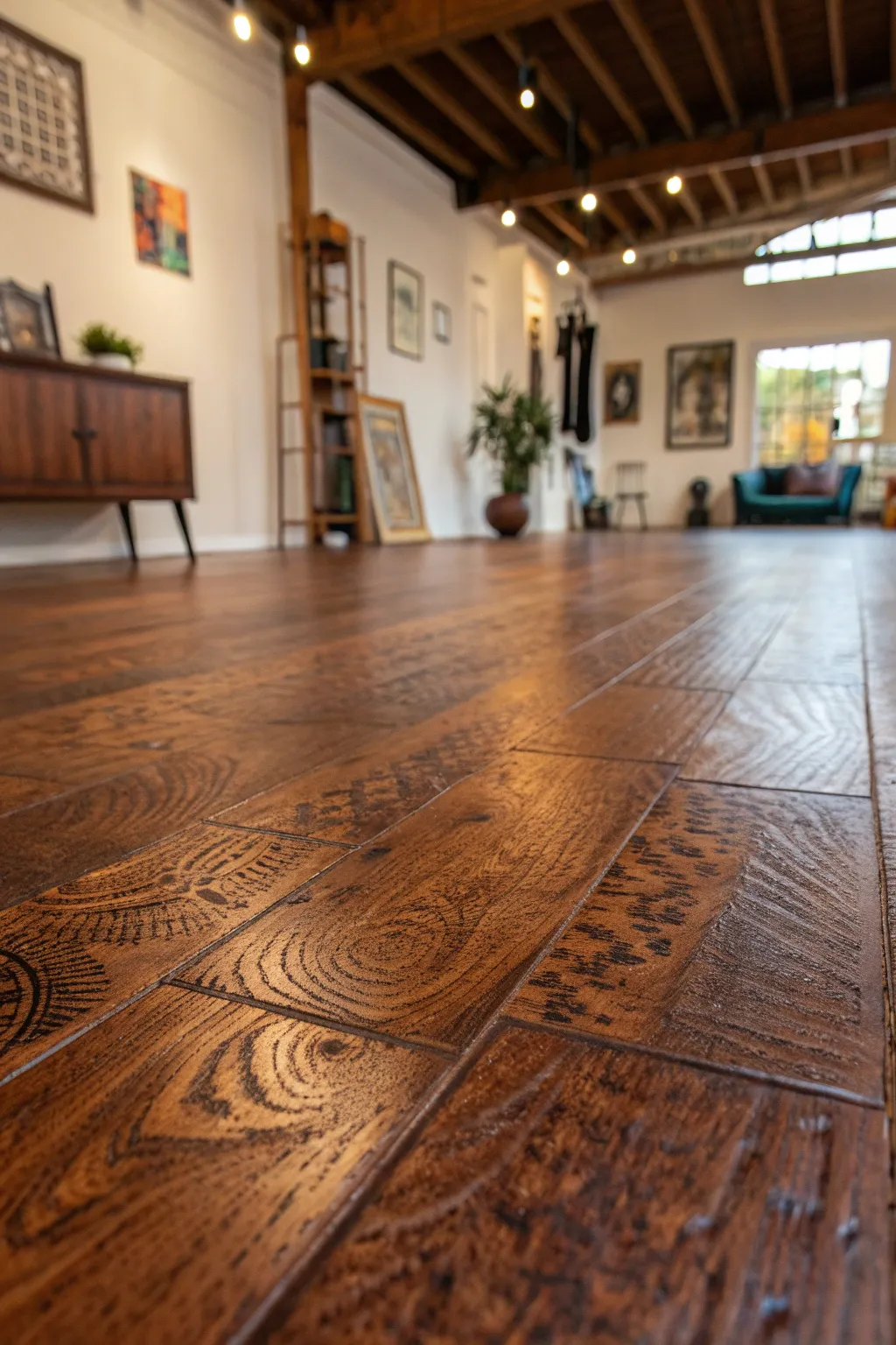 Transform your space with the sleek elegance of stained particle board flooring.
