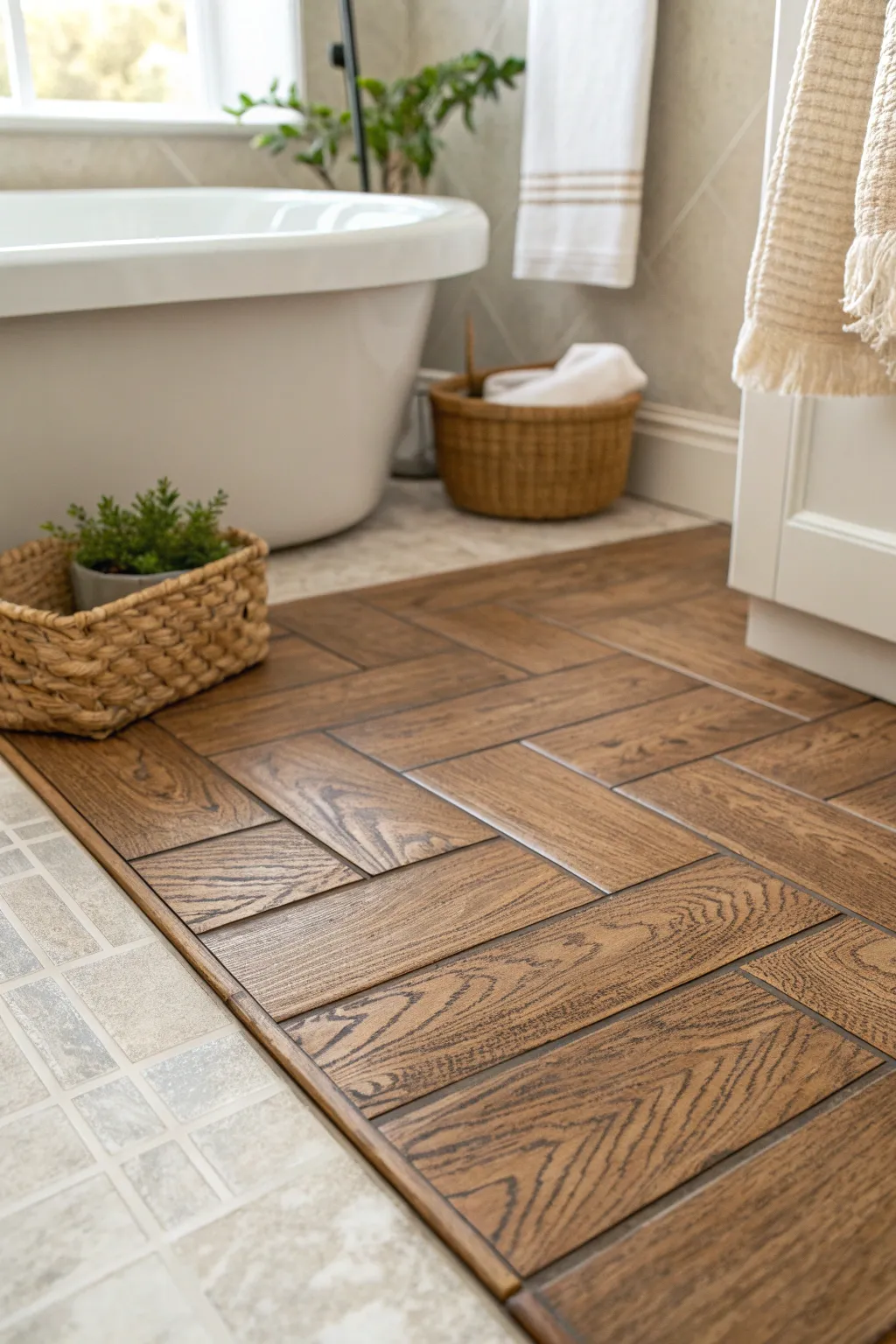 Transform your bathroom into a cozy haven with rustic faux wood tiles, blending minimalist elegance with natural warmth.