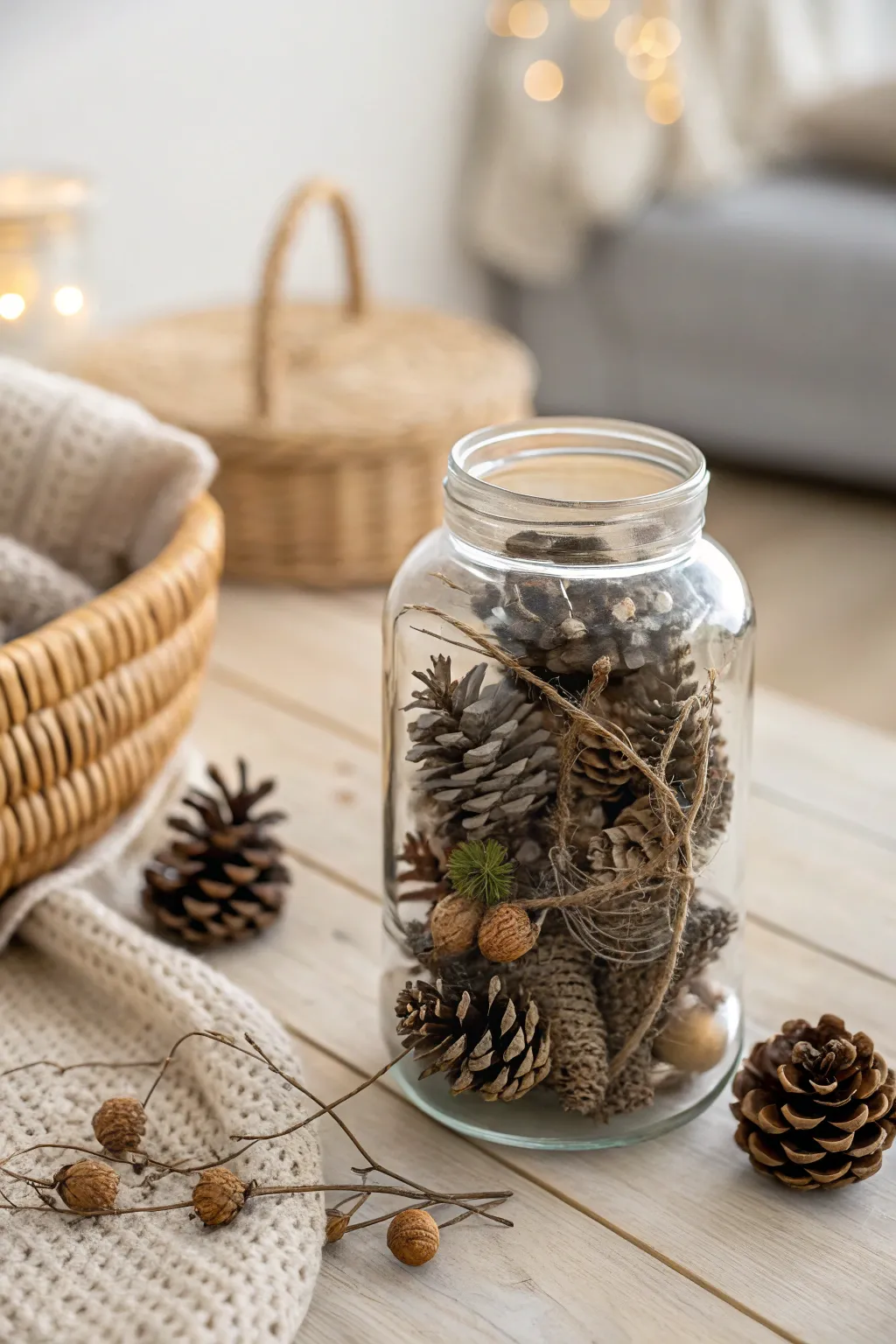Capture the essence of fall with this charming pinecone jar display—bringing nature's cozy touch indoors.