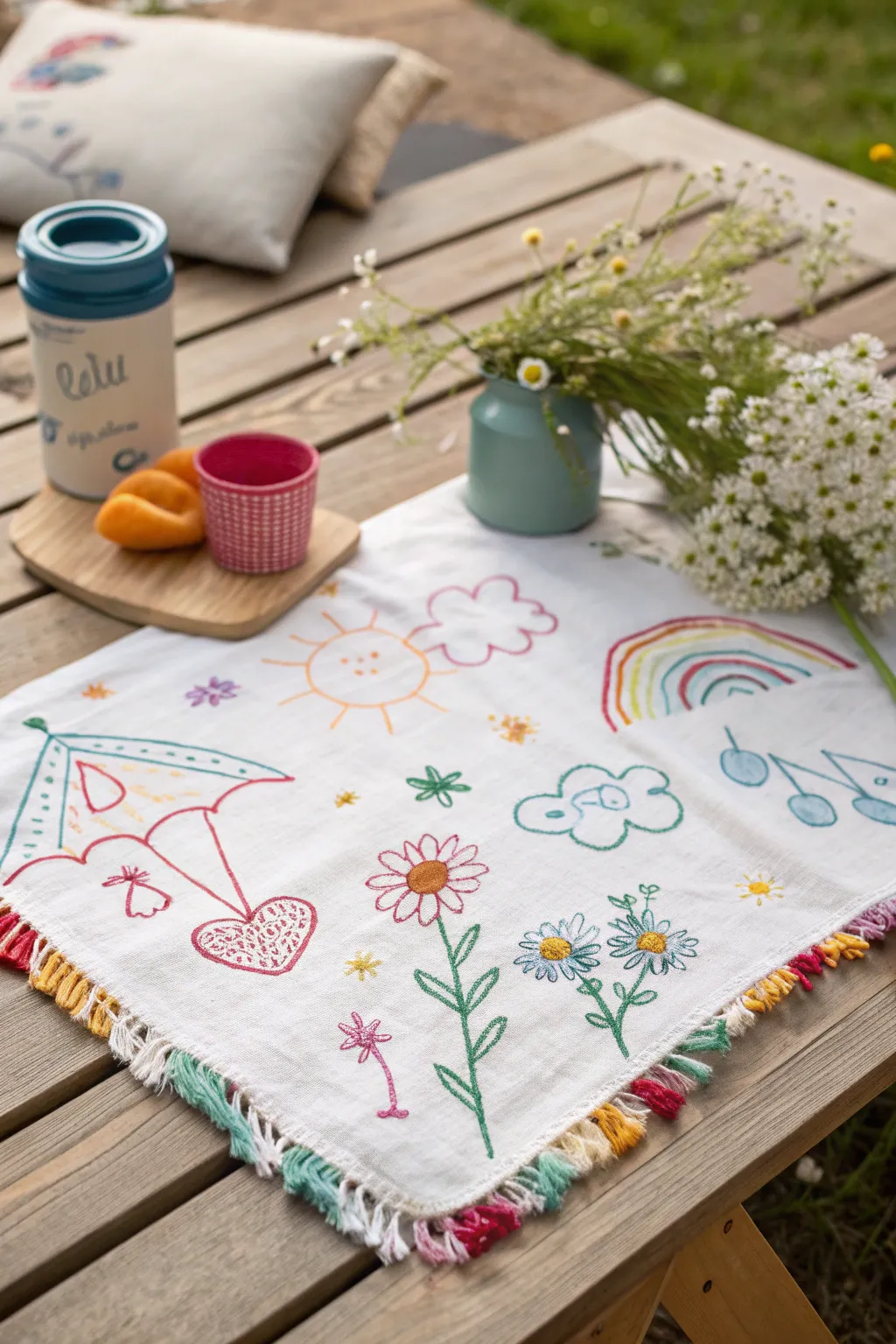 Crafted with love: A toddler's artistic touch brings a picnic blanket to life with vibrant creativity and charm.